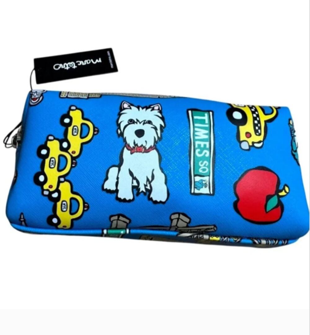 Marc Tetro NYC Dog Taxi Apple Bridge‎ Print Blue Cosmetic Bag Pouch NWT